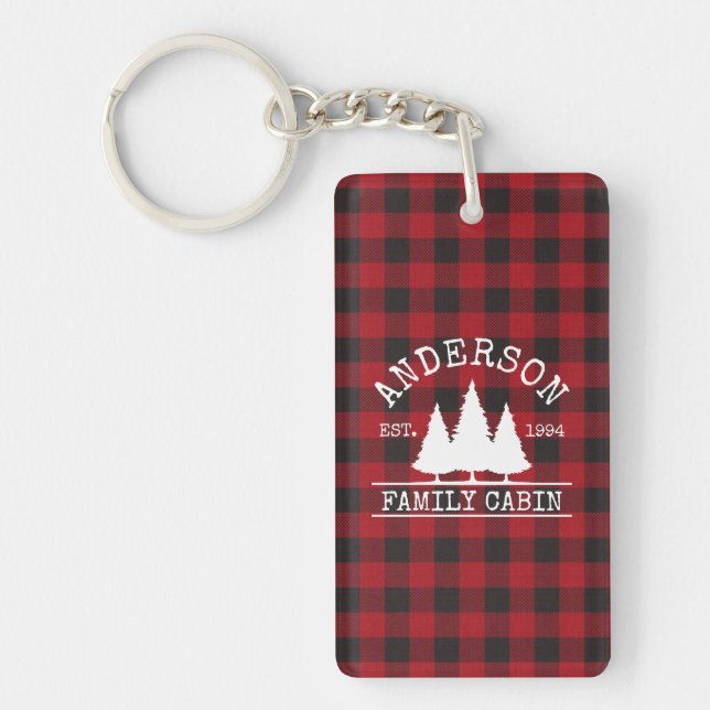 Cabin Family Name Red Buffalo Plaid Acrylic Keychain (Front)