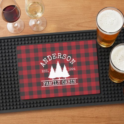 Cabin Family Name Red Buffalo Plaid Bar Mat