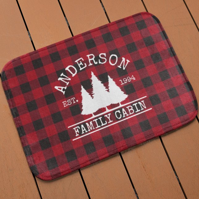 Cabin Family Name Red Buffalo Plaid Bath Mat (Customize to change text size or text style.)