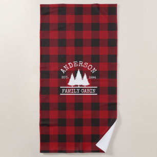 Cabin Family Name Red Buffalo Plaid Beach Towel