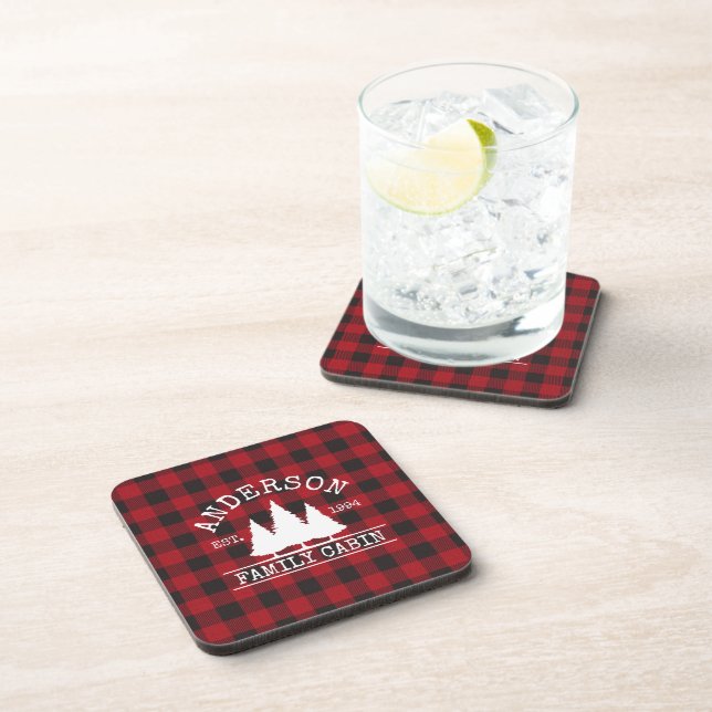 Cabin Family Name Red Buffalo Plaid Beverage Coaster (Right Side)