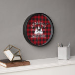 Cabin Family Name Red Buffalo Plaid Black Frame Clock<br><div class="desc">Family Name Cabin Red Buffalo Plaid with Pine Trees Clock - Black Frame</div>