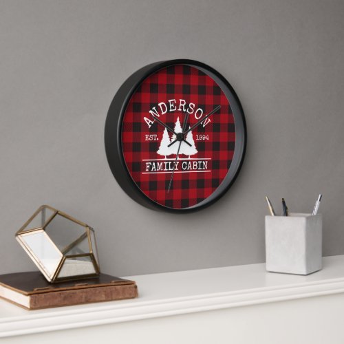 Cabin Family Name Red Buffalo Plaid Black Frame Clock