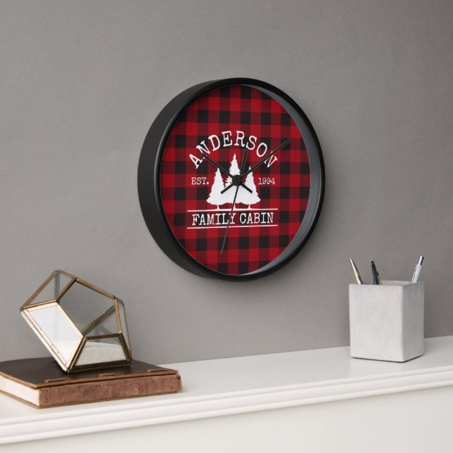 Cabin Family Name Red Buffalo Plaid Black Frame Clock (Office)