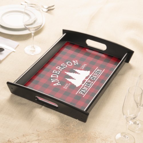 Cabin Family Name Red Buffalo Plaid Black Trim Serving Tray