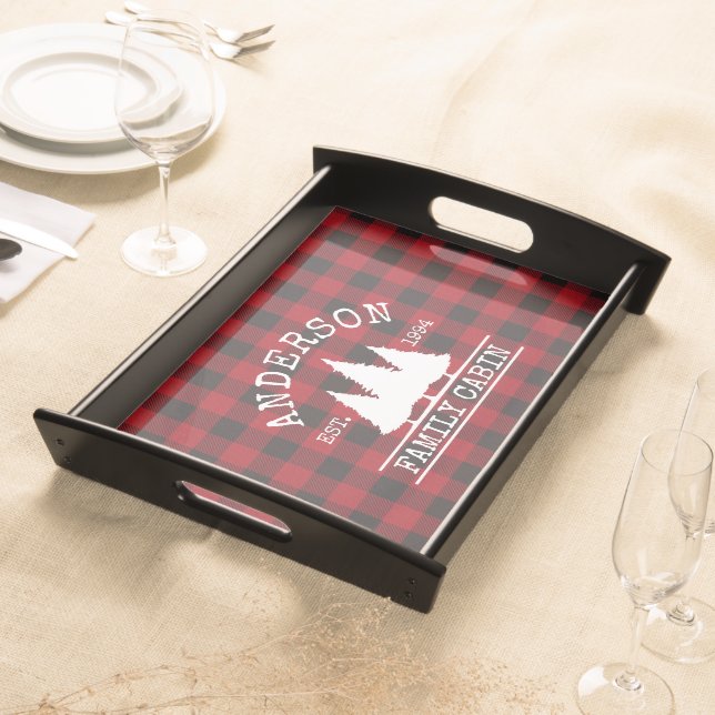 Cabin Family Name Red Buffalo Plaid Black Trim Serving Tray (Front)