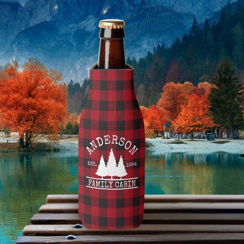 Cabin Family Name Red Buffalo Plaid Bottle Cooler