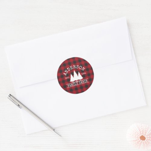 Cabin Family Name Red Buffalo Plaid  Classic Round Sticker