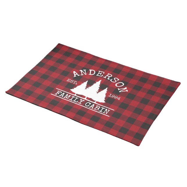 Cabin Family Name Red Buffalo Plaid Cloth Placemat (On Table)