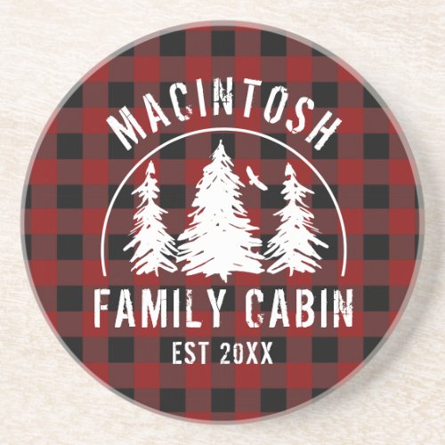 Cabin Family Name Red Buffalo Plaid Coaster