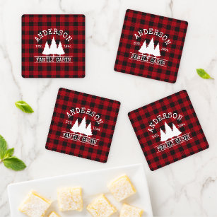 Cabin Family Name Red Buffalo Plaid Coaster Set