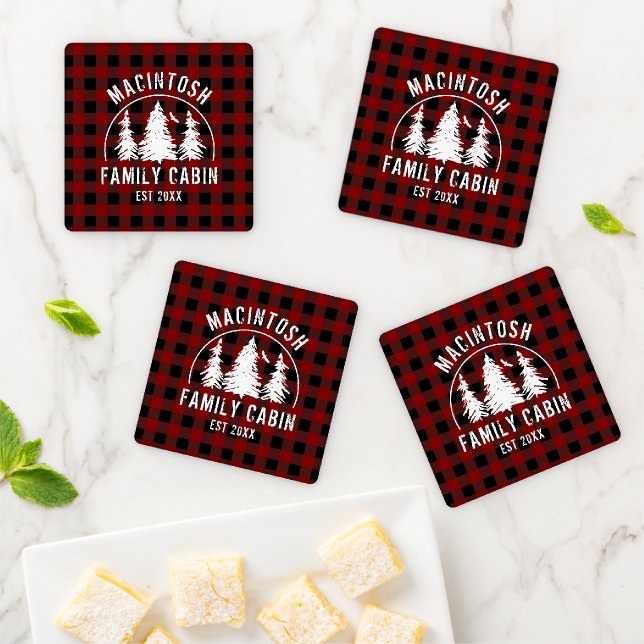 Cabin Family Name Red Buffalo Plaid Coaster Set (In Situ)