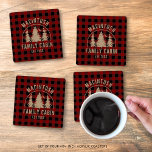 Cabin Family Name Red Buffalo Plaid Coaster Set<br><div class="desc">Create a personalized coaster set of 4 featuring rustic red and black buffalo check plaid and an image of forest pine trees in the woods with your custom text in brown (shown with NAME FAMILY CABIN and year established date). All text is editable. Ideal for a family cabin, mountain lodge,...</div>