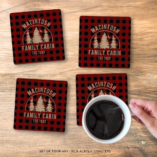 Cabin Family Name Red Buffalo Plaid Coaster Set