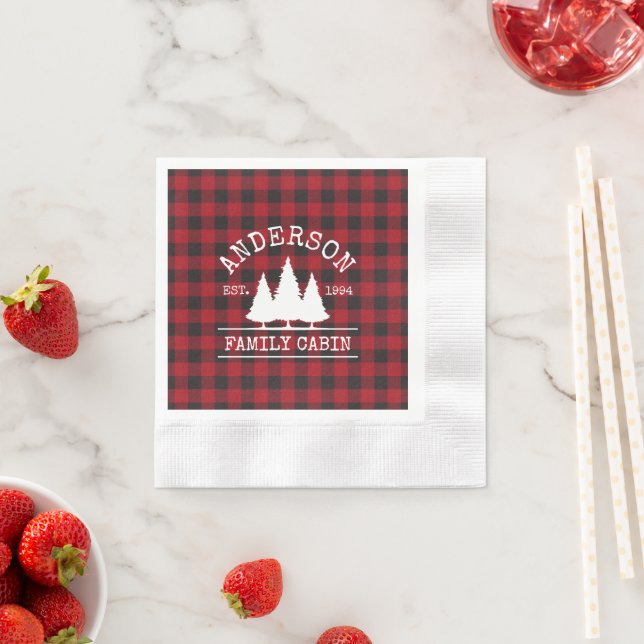 Cabin Family Name Red Buffalo Plaid Cocktail Napkins (Insitu)