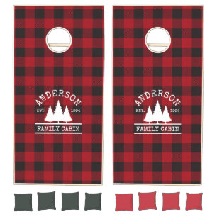 Cabin Family Name Red Buffalo Plaid Cornhole Set