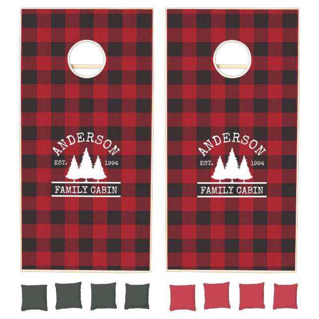 Cabin Family Name Red Buffalo Plaid Cornhole Set (Set)