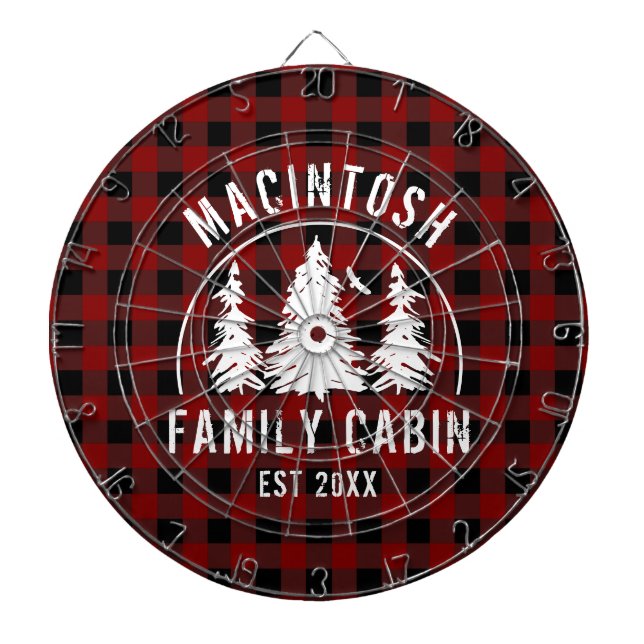 Cabin Family Name Red Buffalo Plaid Dart Board (Front)