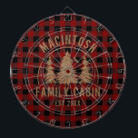 Cabin Family Name Red Buffalo Plaid Dart Board<br><div class="desc">Create a personalized dartboard featuring rustic red and black buffalo check plaid and an image of forest pine trees in the woods with your custom text in brown (shown with NAME FAMILY CABIN and year established date). All text is editable. Ideal for a family cabin, mountain lodge, lake house or...</div>