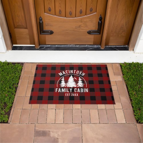 Cabin Family Name Red Buffalo Plaid Doormat