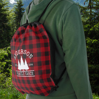 Cabin Family Name Red Buffalo Plaid Drawstring Bag