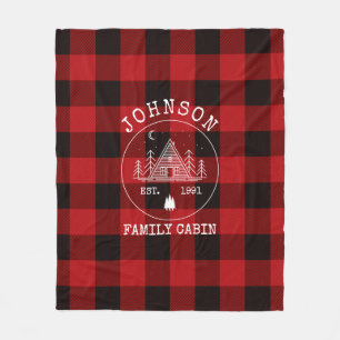 Cabin Family Name Red Buffalo Plaid Fleece Blanket