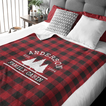 Cabin Family Name Red Buffalo Plaid Fleece Blanket