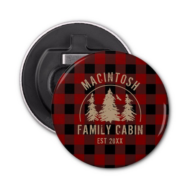 Cabin Family Name Red Buffalo Plaid Keepsake Bottl Bottle Opener (Front)
