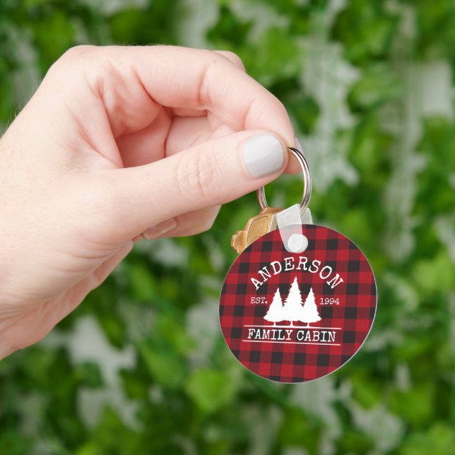 Cabin Family Name Red Buffalo Plaid Keychain (Hand)