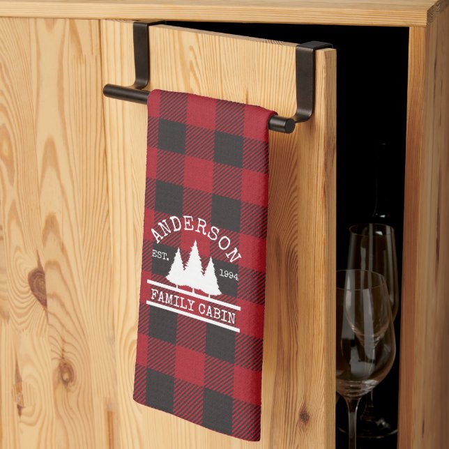 Cabin Family Name Red Buffalo Plaid Kitchen Towel (Thirds Fold)