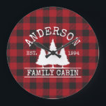Cabin Family Name Red Buffalo Plaid Large Clock<br><div class="desc">Family Name Cabin Red Buffalo Plaid with Pine Trees Clock</div>