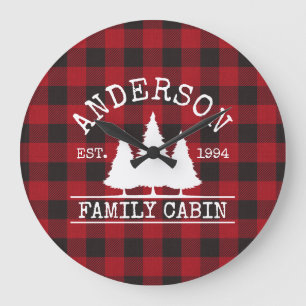 Cabin Family Name Red Buffalo Plaid Large Clock