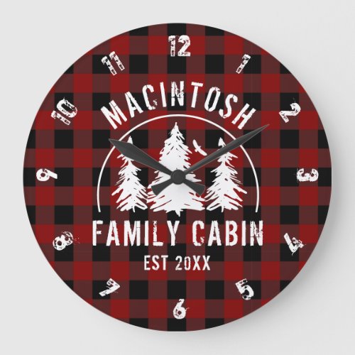Cabin Family Name Red Buffalo Plaid Large Clock