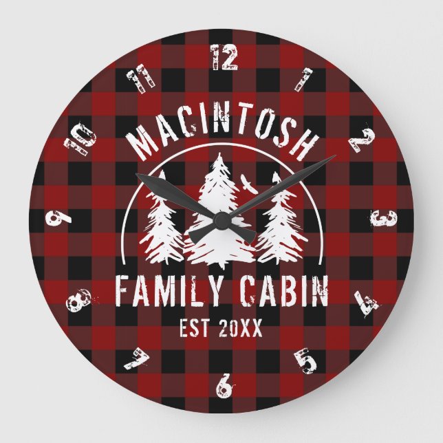 Cabin Family Name Red Buffalo Plaid Large Clock (Front)