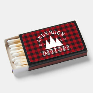 Cabin Family Name Red Buffalo Plaid Matchboxes