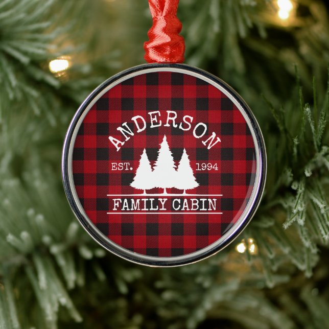 Cabin Family Name Red Buffalo Plaid Metal Ornament (Tree)