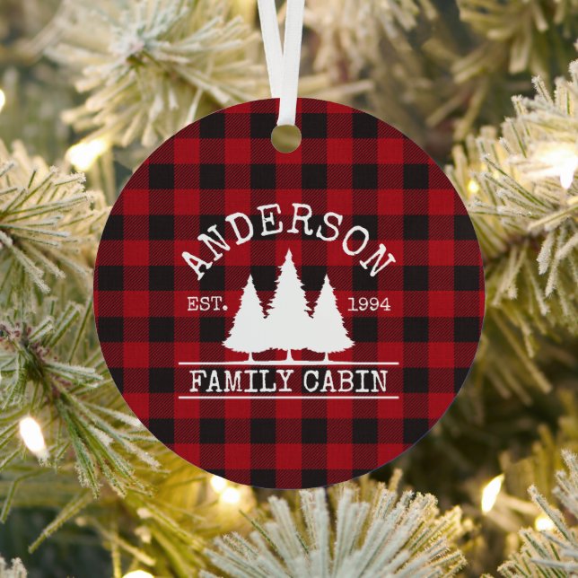 Cabin Family Name Red Buffalo Plaid Metal Ornament (Insitu)