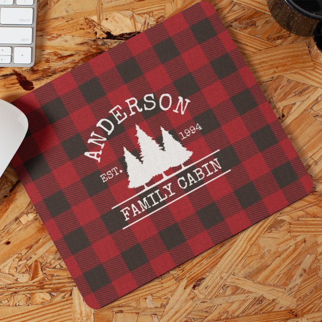 Cabin Family Name Red Buffalo Plaid Mouse Pad (Customize to change text size or text style.)