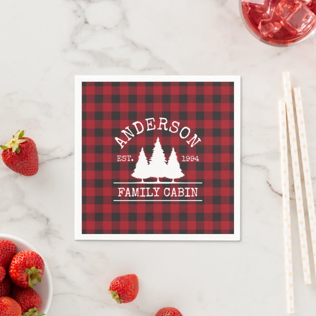 Cabin Family Name Red Buffalo Plaid Napkins (Insitu)