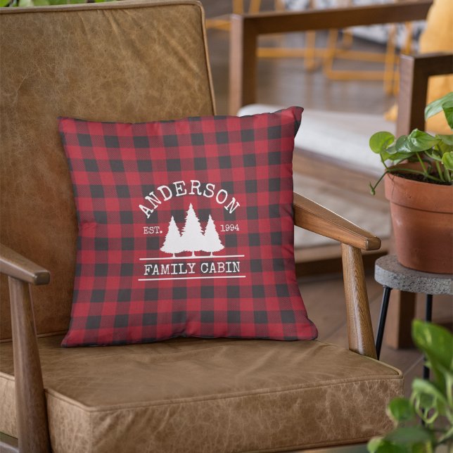 Cabin Family Name Red Buffalo Plaid Outdoor Pillow (Customize to change text size or text style.)
