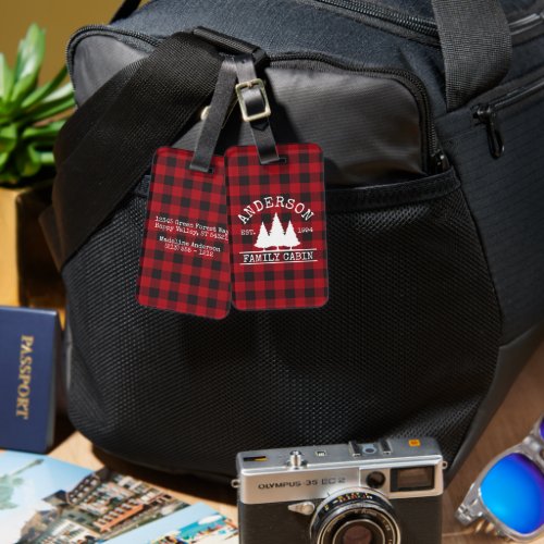 Cabin Family Name Red Buffalo Plaid Personalized Luggage Tag