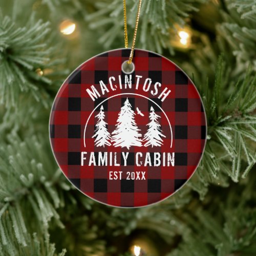 Cabin Family Name Red Buffalo Plaid Photo Keepsake Ceramic Ornament