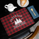 Cabin Family Name Red Buffalo Plaid Placemat<br><div class="desc">Cabin Family Name Red Buffalo Plaid with Pine Trees Laminated Placemat</div>