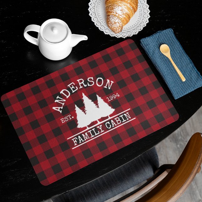 Cabin Family Name Red Buffalo Plaid Placemat (Customize to change text size or text style.)