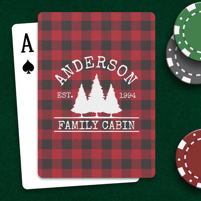 Cabin Family Name Red Buffalo Plaid Poker Cards (Customize to change text size or text style.)