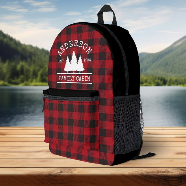 Cabin Family Name Red Buffalo Plaid Printed Backpack (Customize change text size, text style or to add text to pocket.)