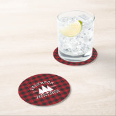 Cabin Family Name Red Buffalo Plaid Round Paper Coaster (Insitu)