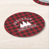 Cabin Family Name Red Buffalo Plaid Round Paper Coaster (Angled)