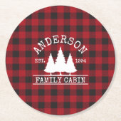 Cabin Family Name Red Buffalo Plaid Round Paper Coaster (Front)