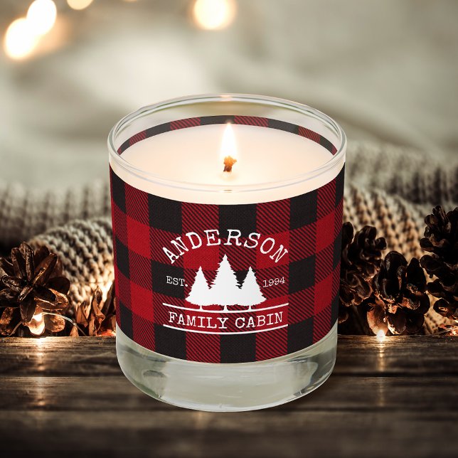 Cabin Family Name Red Buffalo Plaid Scented Candle (Customize to change text size or style.)